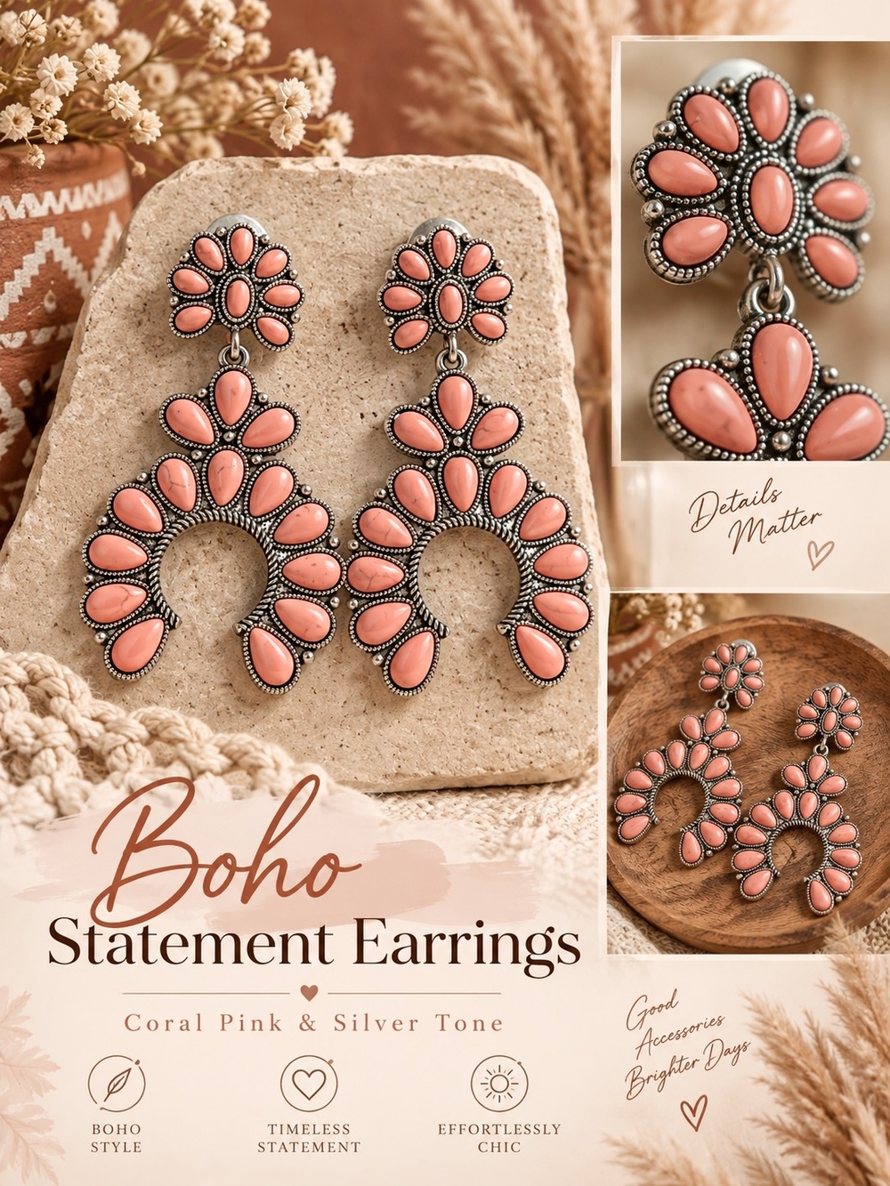 Coral Pink Boho Statement Earrings with Silver Tone Accents